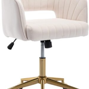 Velvet Office Desk Chair, Modern Home Desk Chair with Wheels & Gold Base, Swivel Vanity Chair for Bedroom, Office, Vanity Study (Beige)