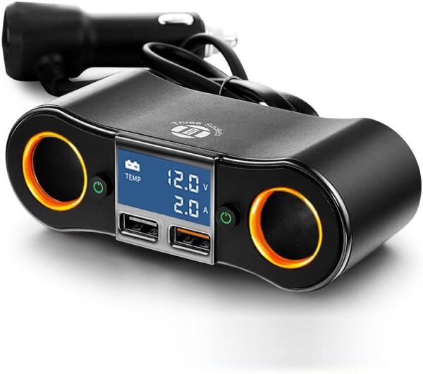 2 Socket Cigarette Lighter Splitter Dual USB Quick Car Charger Adapter with LED Voltage Display and on/Off Switch for iPhone