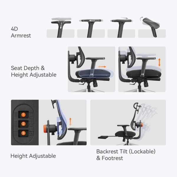 Newtral Ergonomic Office Chair - Home Office Desk Chair with Adaptive Lumbar Support, with Footrest, 4D Armrest, Adjustable Seat Depth & Height - Image 6