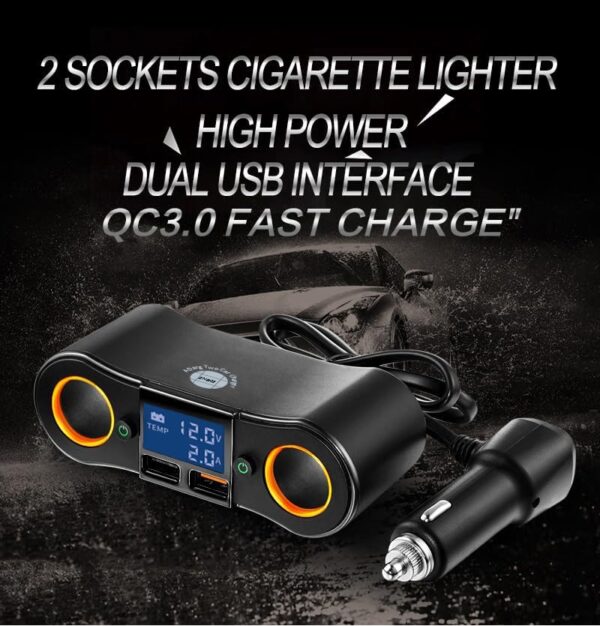 2 Socket Cigarette Lighter Splitter Dual USB Quick Car Charger Adapter with LED Voltage Display and on/Off Switch for iPhone - Image 2
