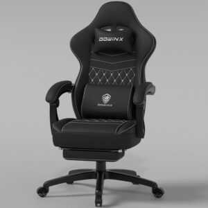Dowinx Gaming Chair Breathable Fabric with Gel Pad, Ergonomic Game Chair with Pocket Spring Cushion, Comfortable Office Chair with Footrest and Storage Bag for Adults, Black