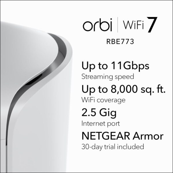 NETGEAR Orbi 770 Series Tri-Band WiFi 7 Mesh Network System (RBE773) - Router + 2 Satellite Extenders, Security Features, Up to 11Gbps, Covers up to 8,000 sq. ft., 100 Devices, 2.5 Gig Internet Port - Image 2