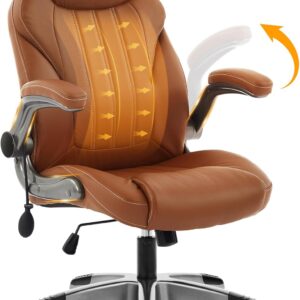 Office Desk Chair, Ergonomic Computer Chair with Padded Flip-Up Arms and Adjustable Lumbar Support, PU Leather Executive Chair with Tilt Lock and 360° Swivel Rolling Wheels for Work, Study