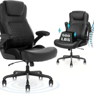 Ergonomic Executive Office Chair for Big & Tall - 500lbs Capacity with Lumbar Support & Flip-Up Armrests, Heavy Duty PU Leather Computer Desk Chair, Black