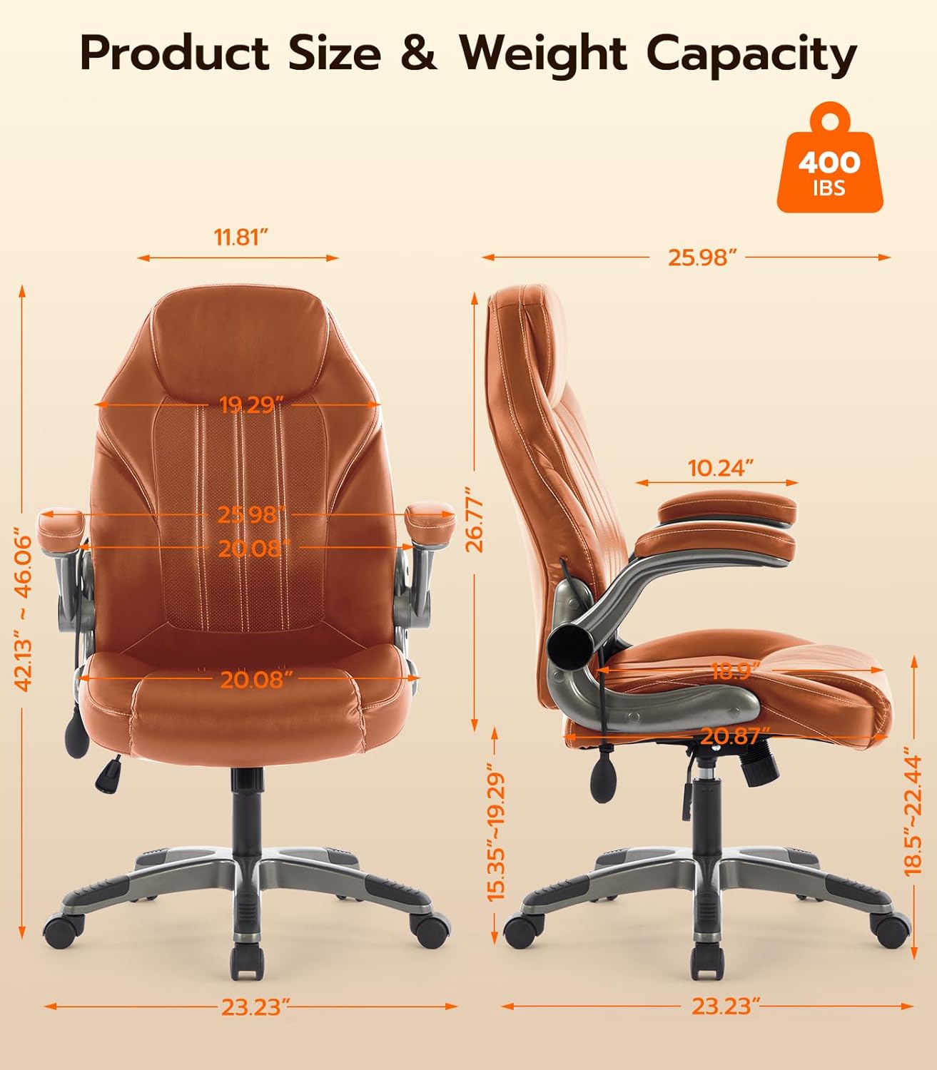 Office Desk Chair, Ergonomic Computer Chair with Padded Flip-Up Arms and Adjustable Lumbar Support, PU Leather Executive Chair with Tilt Lock and 360° Swivel Rolling Wheels for Work, Study - Image 2