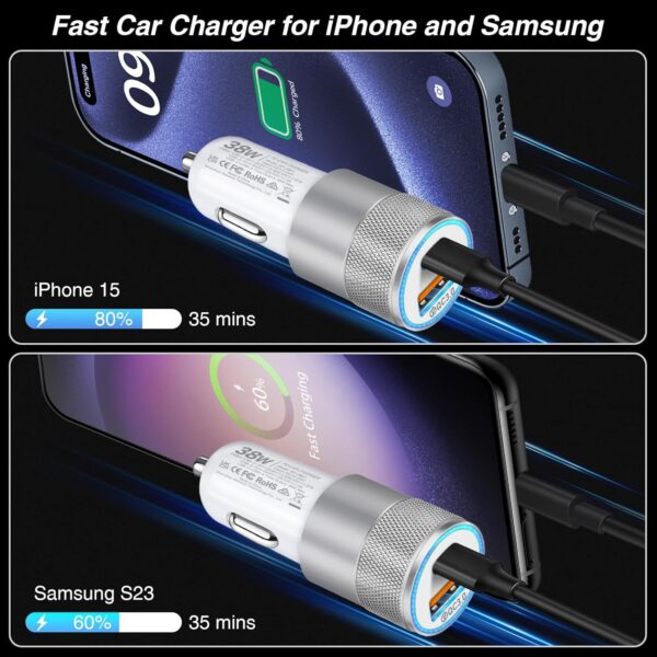 Car Charger, 5 Pack 38W Dual Ports USB-C & USB-A Cigarette Lighter Adapter Fast Charging Car Phone Charger for iPhone 16e 16 15 14 13, Samsung S25 S24, Pixel Cargador para Carro Phone Plug for Car - Image 3
