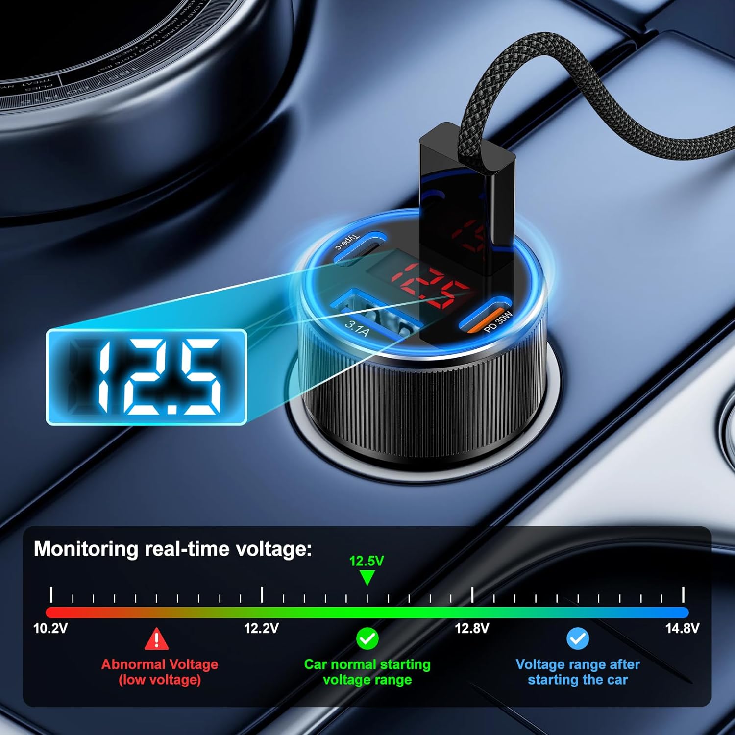 Car Charger USB C, Besgoods 4 Ports Cigarette Lighter USB Charger USB C Car Adapter PD/QC Fast Charging with Voltmeter for iPhone 17 16 15 14 13 12 Galaxy S24 S23 A54 A16 Android Dash Cam, 2Pack - Image 4