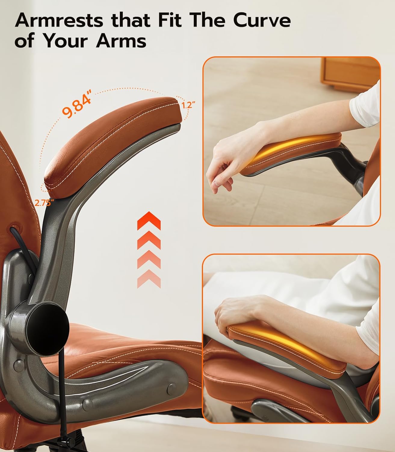 Office Desk Chair, Ergonomic Computer Chair with Padded Flip-Up Arms and Adjustable Lumbar Support, PU Leather Executive Chair with Tilt Lock and 360° Swivel Rolling Wheels for Work, Study - Image 8