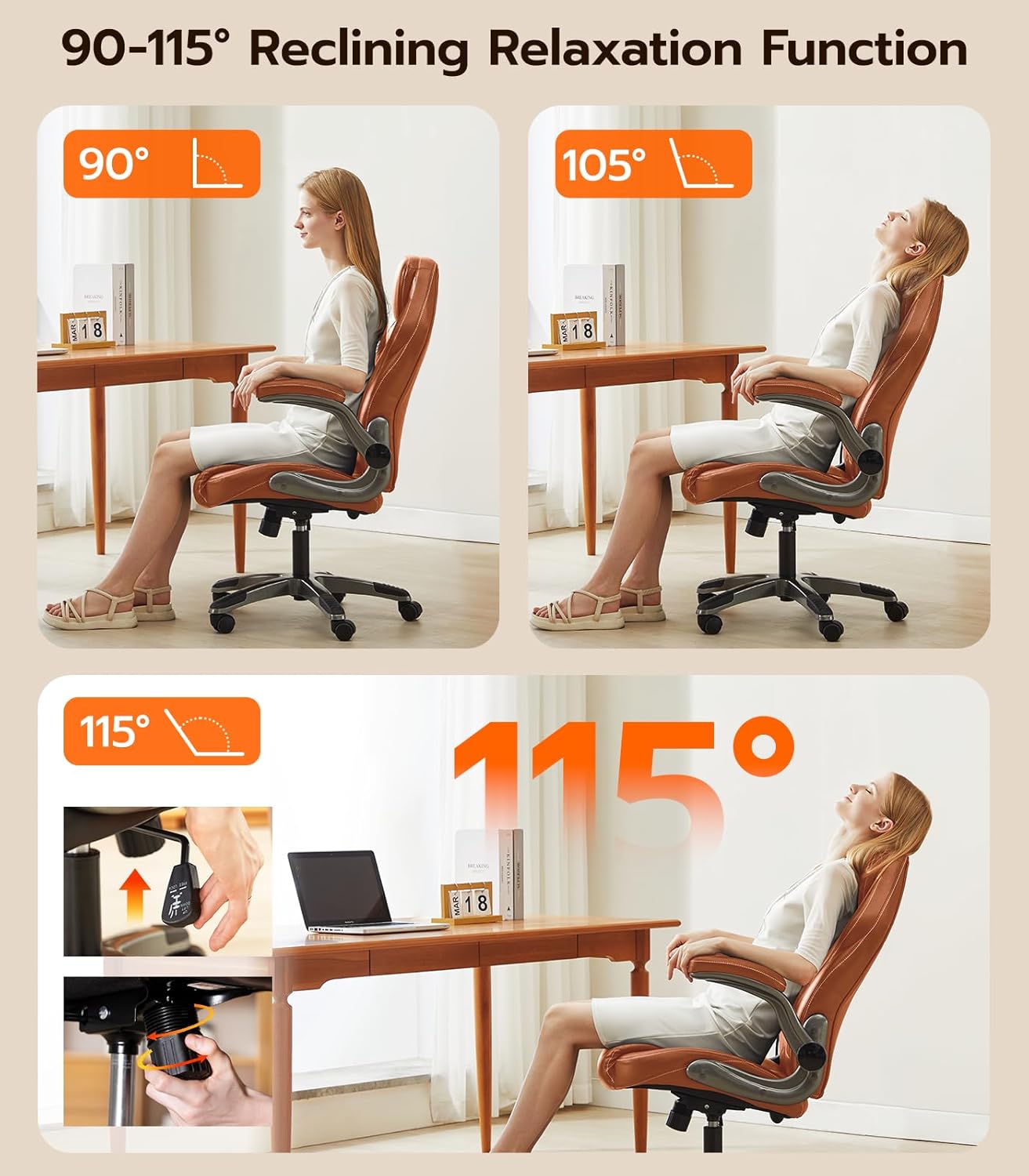 Office Desk Chair, Ergonomic Computer Chair with Padded Flip-Up Arms and Adjustable Lumbar Support, PU Leather Executive Chair with Tilt Lock and 360° Swivel Rolling Wheels for Work, Study - Image 4