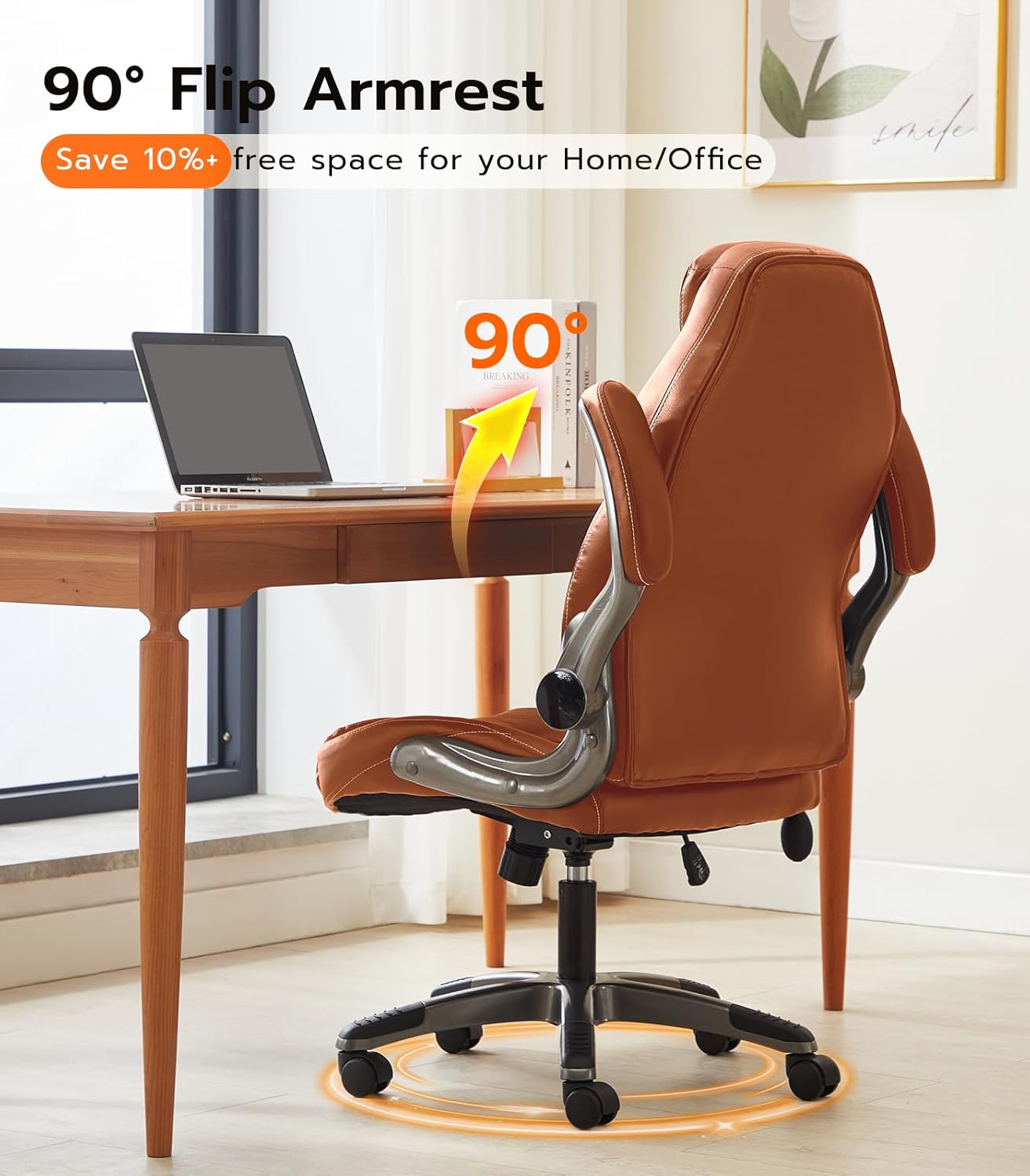 Office Desk Chair, Ergonomic Computer Chair with Padded Flip-Up Arms and Adjustable Lumbar Support, PU Leather Executive Chair with Tilt Lock and 360° Swivel Rolling Wheels for Work, Study - Image 6