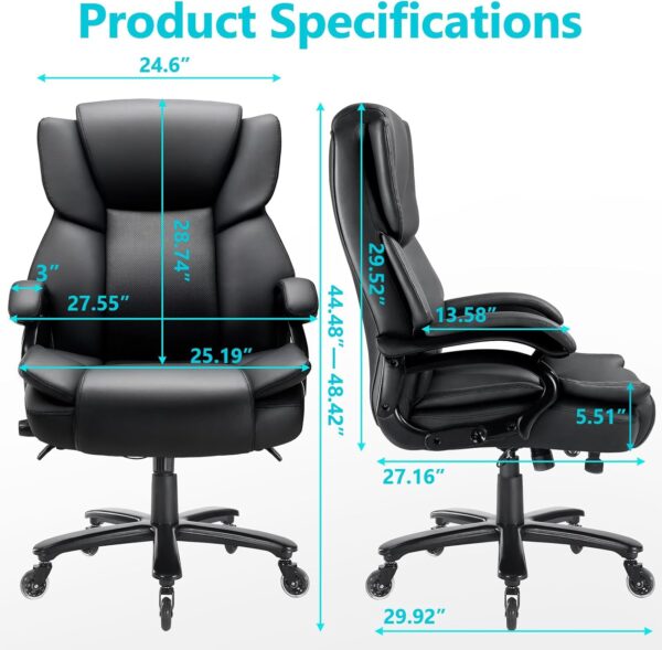 500lbs Big and Tall Office Chair, Heavy Duty Office Chair for Heavy People, High Back Executive Desk Chair with Adjustable Lumbar Support, Quiet Rubber Wheel - Image 3