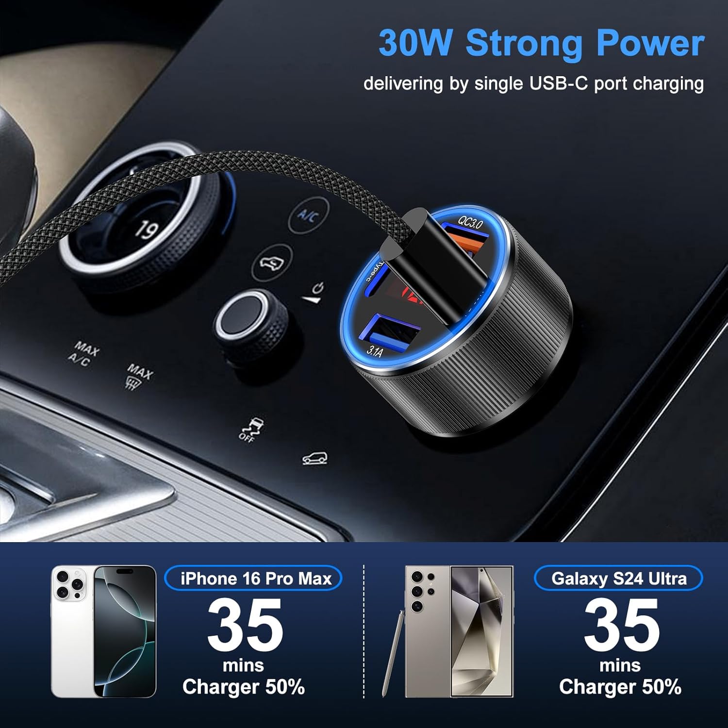 Car Charger USB C, Besgoods 4 Ports Cigarette Lighter USB Charger USB C Car Adapter PD/QC Fast Charging with Voltmeter for iPhone 17 16 15 14 13 12 Galaxy S24 S23 A54 A16 Android Dash Cam, 2Pack - Image 3