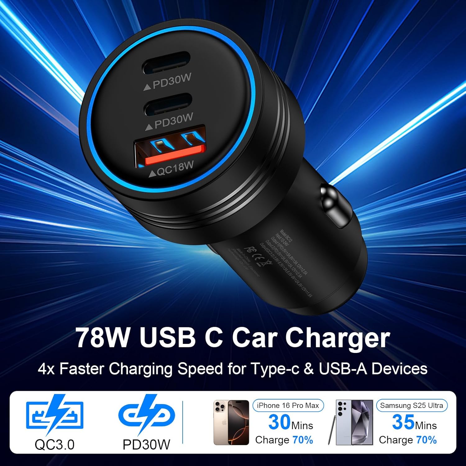 Samsung Galaxy S25 Edge Car Charger,78W 3Port Super Cigarette Lighter Adapter Fast Charging for Galaxy S25 Ultra A36 A17 A16 S24 S23 S22 S21 S20 10, USB C Car Phone Charger for iPhone 16 15 Pro Max - Image 2