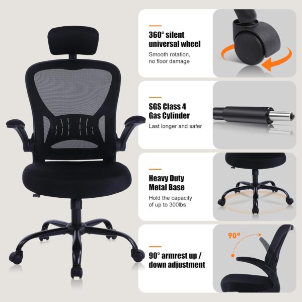 ralex-chair Ergonomic Office Chair with Adjustable Headrest & Lumbar Support, Desk Chair with Flip-Up Armrests, Comfortable for Home, Office, Conference Room - Image 5