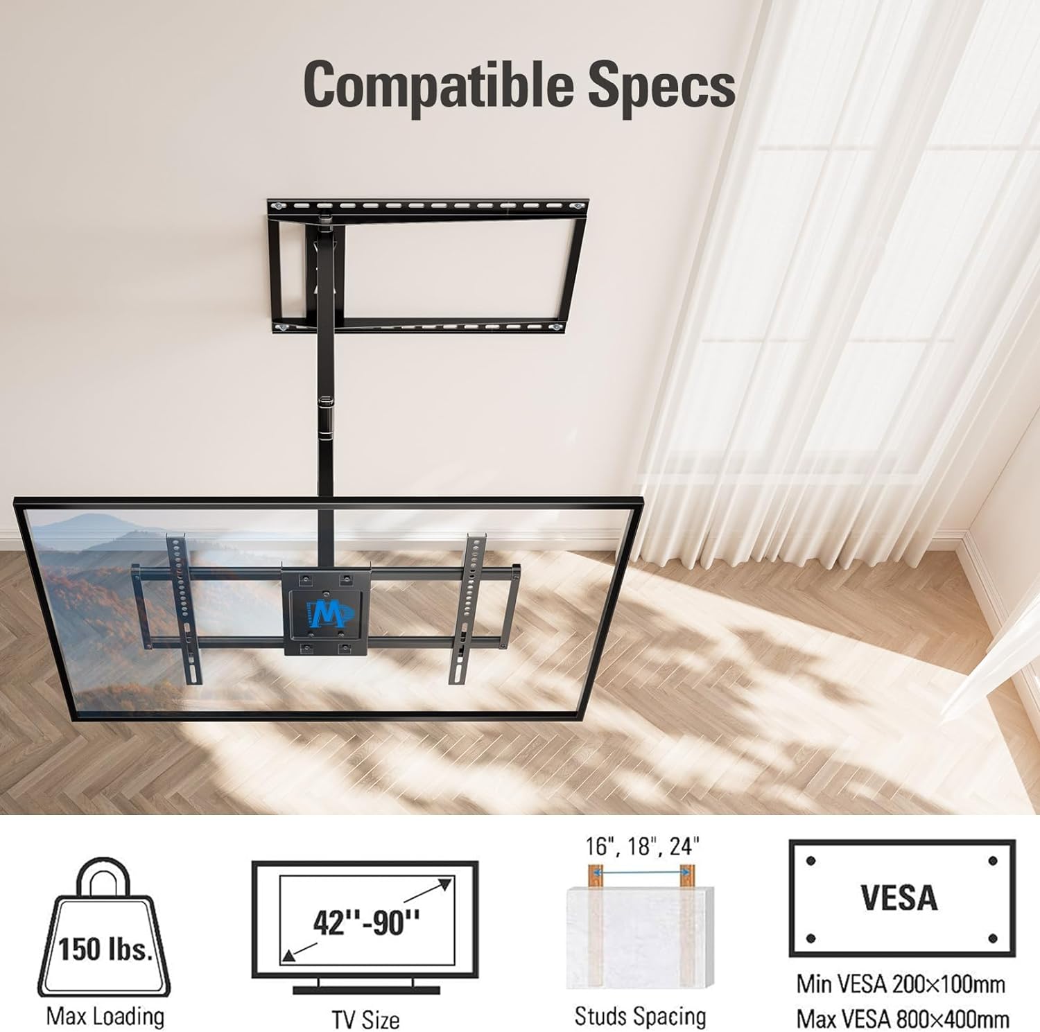 Mounting Dream Long Arm TV Wall Mount for Most 42-90 Inch TV, 40 Inch Extension TV Mount Swivel and Tilt, Full Motion Mount Fits Max VESA 800x400mm, 150 lbs. Loading, 16”,18”, 24” Studs - Image 6