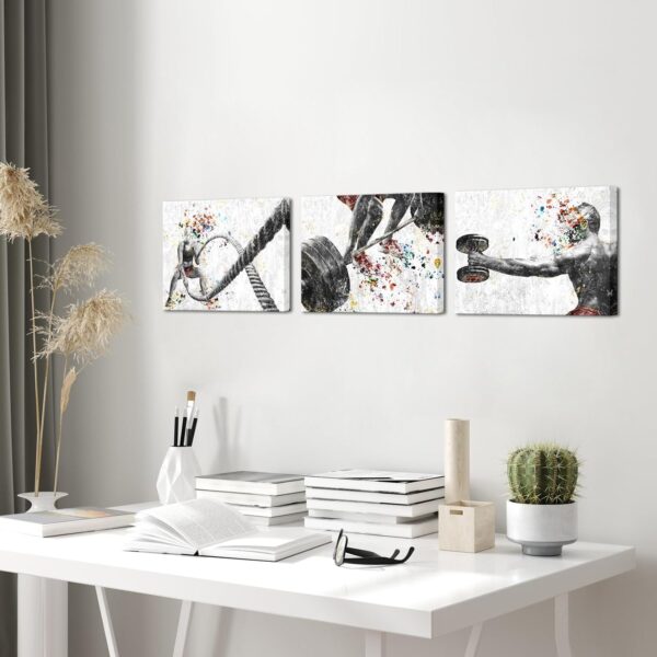 KREATIVE ARTS 3 Pieces Fitness Gym Canvas Wall Art - 12"x16" Framed Workout Prints with Weightlifting, Dumbbell, Barbell & Fitness Rope Motifs, Black & White Sport Painting, Home Gym Decor - Image 3