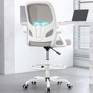 Tall Drafting Chair with Footrest Ring for Home and Work, Ergonomic Home Desk Office Chair with Flip up Arms and Lumbar Support, Extended Height Executive Desk Office Chair(Gray)