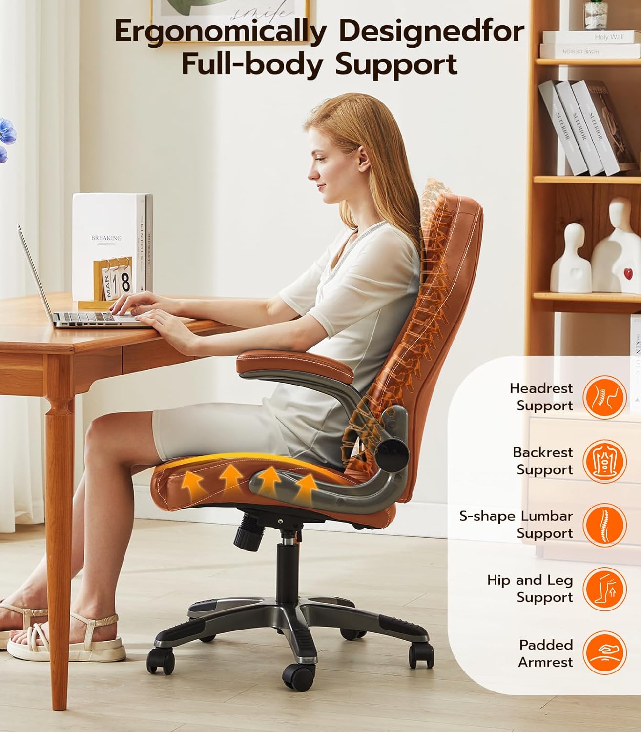 Office Desk Chair, Ergonomic Computer Chair with Padded Flip-Up Arms and Adjustable Lumbar Support, PU Leather Executive Chair with Tilt Lock and 360° Swivel Rolling Wheels for Work, Study - Image 5