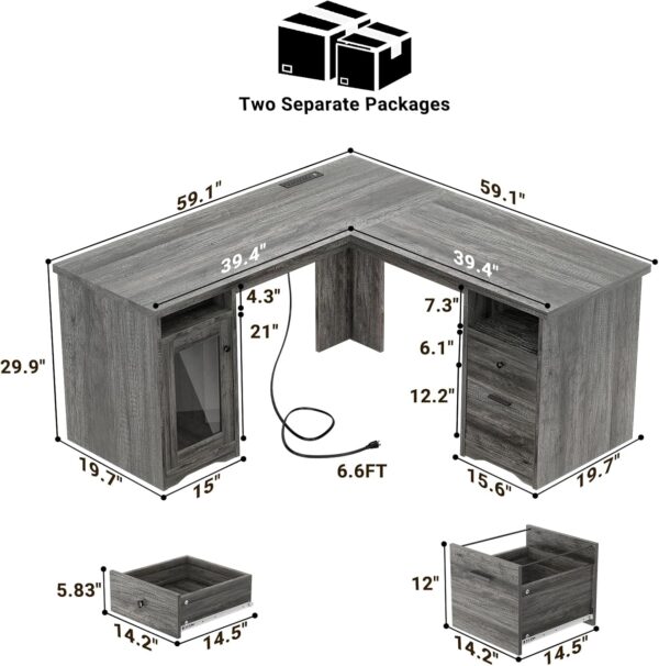 Unikito L Shaped Desk with Drawers, 60 Inch Corner Computer Desks with USB Charging Port and Power Outlet, Large 2 Person Home Office Table with File Cabinet, Black Oak - Image 3