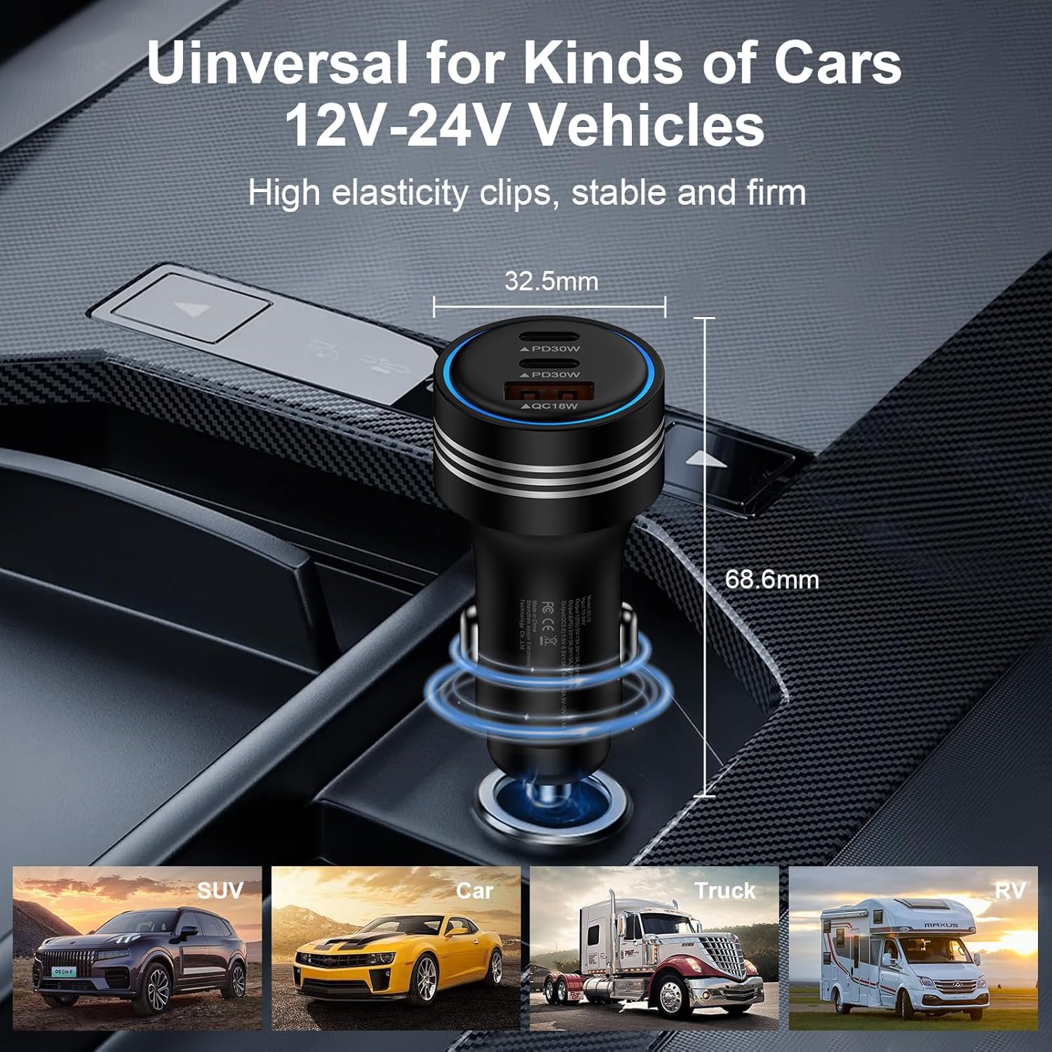 Samsung Galaxy S25 Edge Car Charger,78W 3Port Super Cigarette Lighter Adapter Fast Charging for Galaxy S25 Ultra A36 A17 A16 S24 S23 S22 S21 S20 10, USB C Car Phone Charger for iPhone 16 15 Pro Max - Image 4