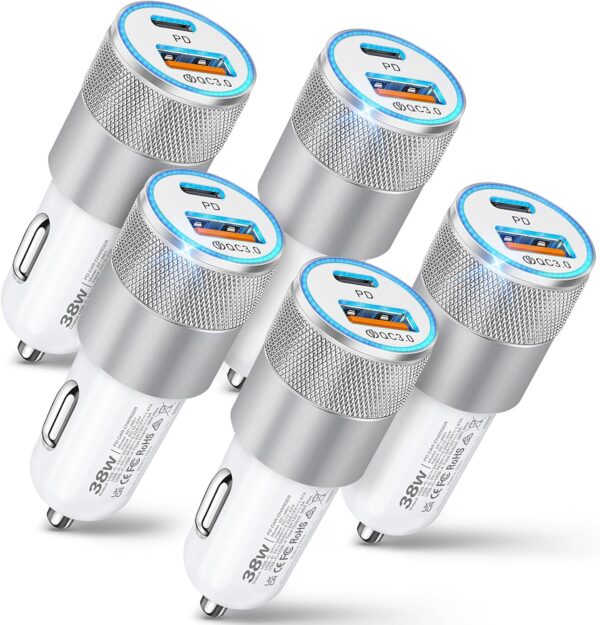 Car Charger, 5 Pack 38W Dual Ports USB-C & USB-A Cigarette Lighter Adapter Fast Charging Car Phone Charger for iPhone 16e 16 15 14 13, Samsung S25 S24, Pixel Cargador para Carro Phone Plug for Car