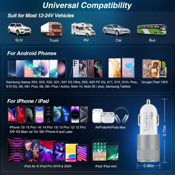 Car Charger, 5 Pack 38W Dual Ports USB-C & USB-A Cigarette Lighter Adapter Fast Charging Car Phone Charger for iPhone 16e 16 15 14 13, Samsung S25 S24, Pixel Cargador para Carro Phone Plug for Car - Image 6