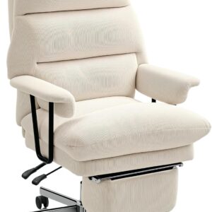 HOMCOM Large Overstuffed Office Chair with Lumbar Support, High Back Reclining Executive Corduroy Computer Desk Chair with Footrest, Swivel Wheels, Cream White