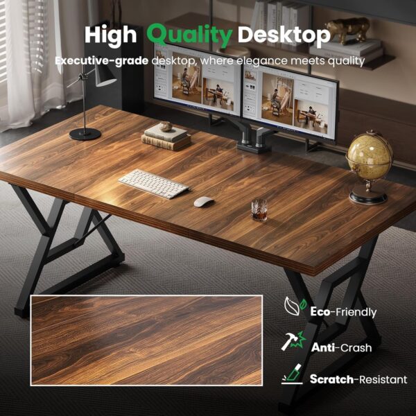 70.8" Large Executive Desk - Computer Office Desk Workstation, Modern Business Writing Table with Sturdy Metal Legs for Home Office (Dark Walnut/Black) - Image 4