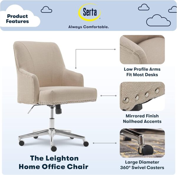 Serta Leighton Home Office Desk Chair, Back with Chrome Nailheads, Memory Foam Cushion and Padded Arms, Mid Century Modern Vanity Armchair with Wheels, Swivel Base, Twill Fabric, Stoneware Beige - Image 4