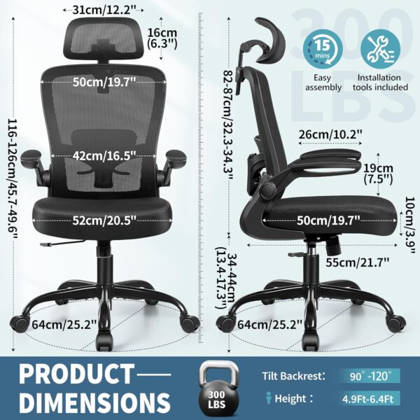 FelixKing Ergonomic Office Chair, Headrest Desk Chair with Adjustable Lumbar Support, Home Office Swivel Task Chair with High Back and Armrest, Adjustable Height Gaming Chair(Black) - Image 3