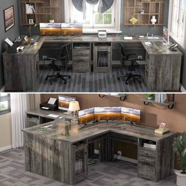 Unikito L Shaped Desk with Drawers, 60 Inch Corner Computer Desks with USB Charging Port and Power Outlet, Large 2 Person Home Office Table with File Cabinet, Black Oak - Image 7