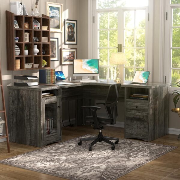 Unikito L Shaped Desk with Drawers, 60 Inch Corner Computer Desks with USB Charging Port and Power Outlet, Large 2 Person Home Office Table with File Cabinet, Black Oak - Image 8