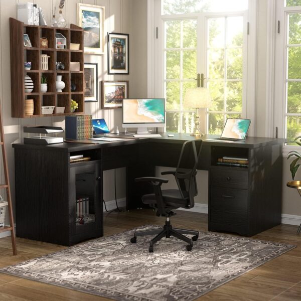 Unikito L Shaped Office Desk with Drawer, 60 Inch Computer Desk with Power Outlet & USB Charging Port, Large Corner Desk with File Cabinets, 2 Person Sturdy Executive Desk with Storage Cabinet, Black - Image 2