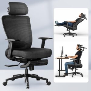FLEXISPOT Ergonomic Office Chair with Footrest, Mesh Back Computer Chair, Home Office Desk Chairs, with Adjustable Lumbar Support/4D Headrest/Reliable Base, Elastic Foam Seat, Black, OC3 Cloud-F