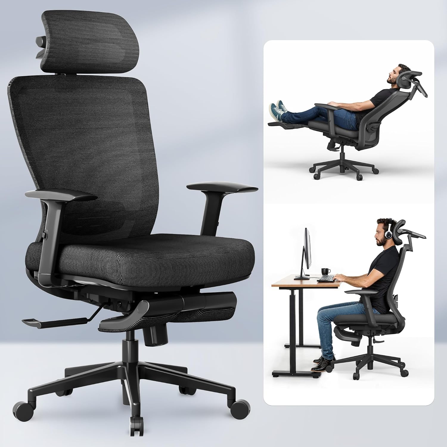FLEXISPOT Ergonomic Office Chair with Footrest, Mesh Back Computer Chair, Home Office Desk Chairs, with Adjustable Lumbar Support/4D Headrest/Reliable Base, Elastic Foam Seat, Black, OC3 Cloud-F