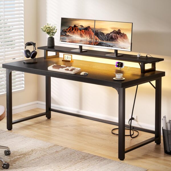 Unikito Black Computer Desk, Modern Wood Home Office Desk for PC Writing Work, Metal Wooden Executive Workstation Student Simple Desk, Computer Study Gaming Bedroom Table, 55 Inch