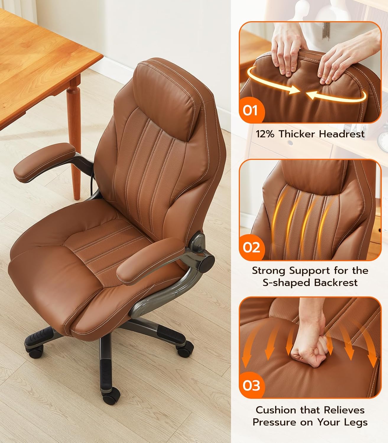 Office Desk Chair, Ergonomic Computer Chair with Padded Flip-Up Arms and Adjustable Lumbar Support, PU Leather Executive Chair with Tilt Lock and 360° Swivel Rolling Wheels for Work, Study - Image 7