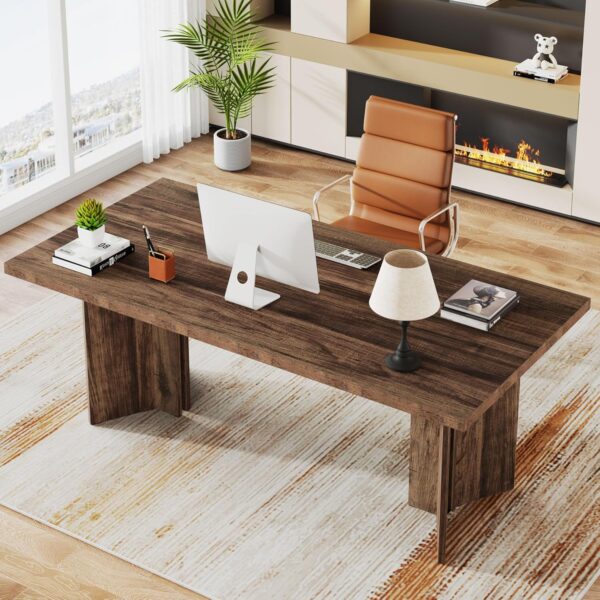 Tribesigns 63-inch Executive Desk, Vintage Office Computer Desk with Large Tabletop, Farmhouse Wood Writing Conference Table Workstation for Home Office, Study, Dark Brown - Image 3