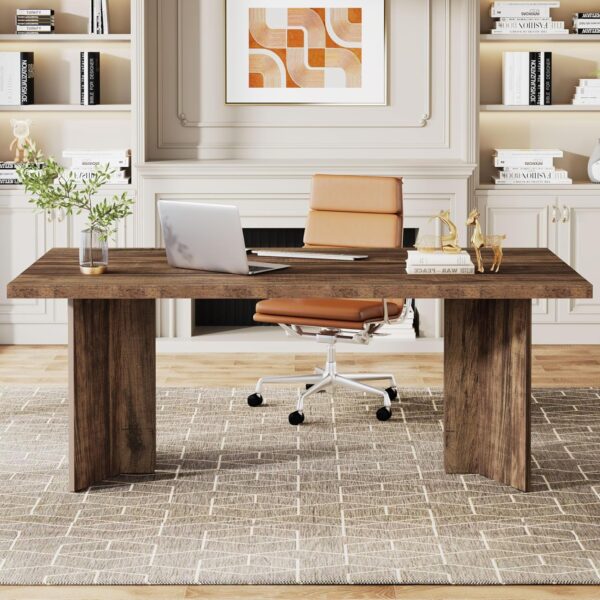 Tribesigns 63-inch Executive Desk, Vintage Office Computer Desk with Large Tabletop, Farmhouse Wood Writing Conference Table Workstation for Home Office, Study, Dark Brown - Image 4