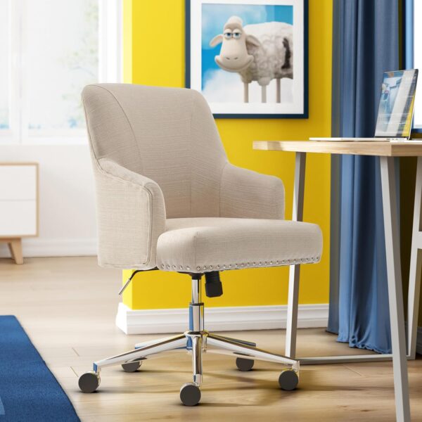 Serta Leighton Home Office Desk Chair, Back with Chrome Nailheads, Memory Foam Cushion and Padded Arms, Mid Century Modern Vanity Armchair with Wheels, Swivel Base, Twill Fabric, Stoneware Beige - Image 2