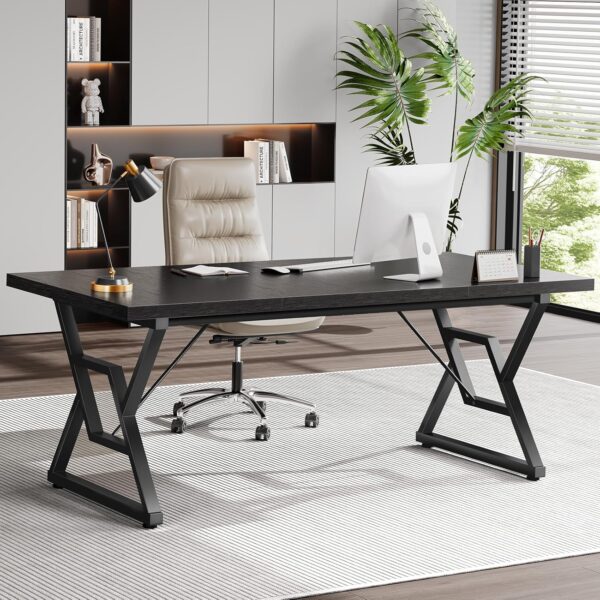 70.8" Large Executive Desk - Computer Office Desk Workstation, Modern Business Writing Table with Sturdy Metal Legs for Home Office (Black/Black)