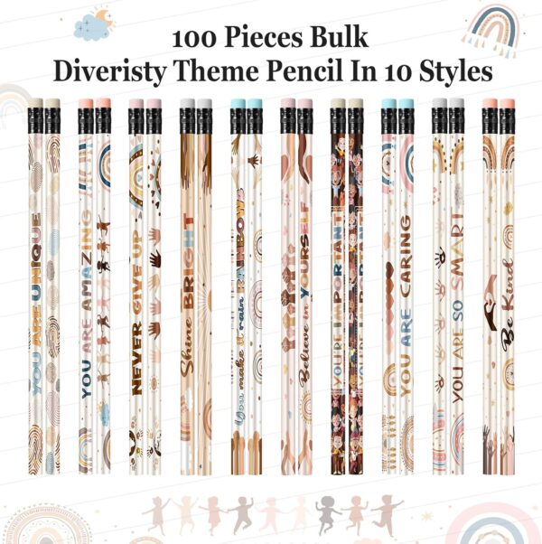 Gerrii 100 Pcs Inspirational Pencils Bulk Diversity Motivational Pencils with Eraser Retro Rainbow Back to School Stationery for Kids Affirmation Gifts Classroom Rewards First Day of School Supplies - Image 2