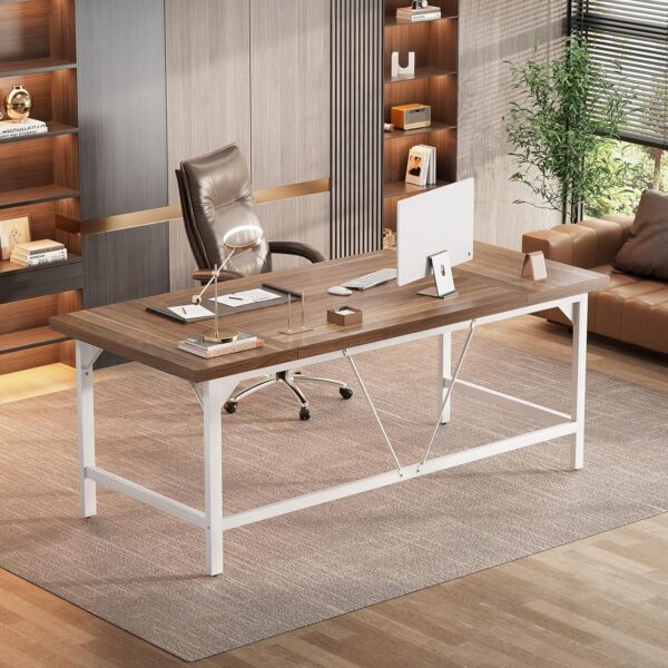Unikito 70.8 Inch Extra Long Computer Desks, Heavy Duty Large Office Executive Desk, Sturdy 2 Person Desk, Premium Thick Study Writing Table Computer Table for Home Office Workstation, Rustic/White - Image 7