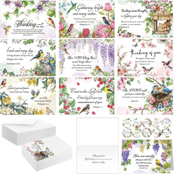 50 Pcs Religious Thinking of You Cards Bulk with Biblical Scripture Verses Blessing 10 Designs 4 x 6 Inch Christian Inspirational Thinking of You Greeting Card with Envelopes(Flower Bird)