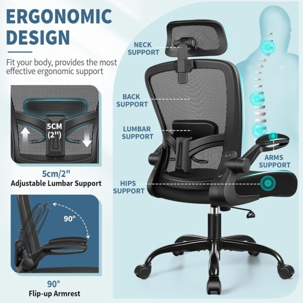 FelixKing Ergonomic Office Chair, Headrest Desk Chair with Adjustable Lumbar Support, Home Office Swivel Task Chair with High Back and Armrest, Adjustable Height Gaming Chair(Black) - Image 8