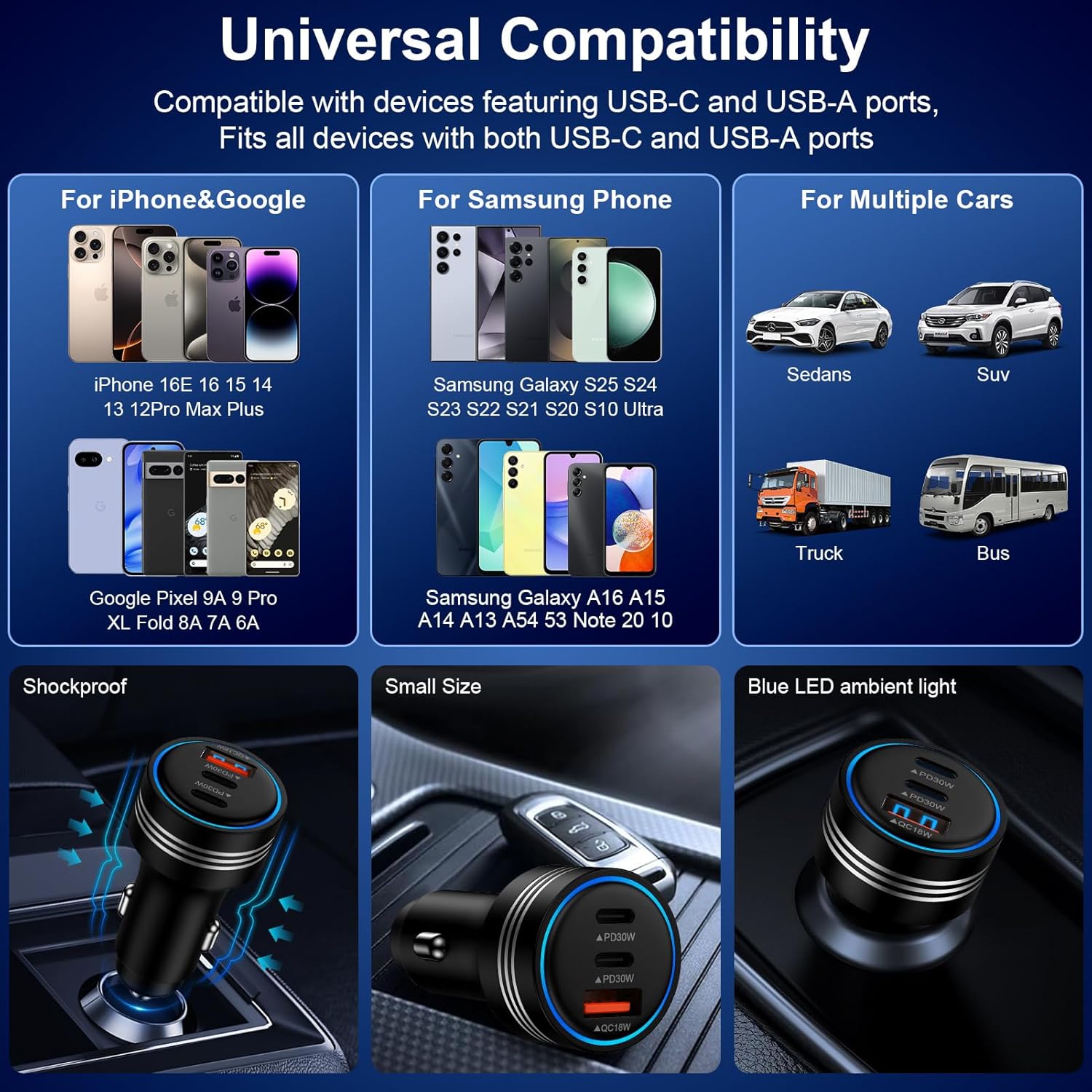 Samsung Galaxy S25 Edge Car Charger,78W 3Port Super Cigarette Lighter Adapter Fast Charging for Galaxy S25 Ultra A36 A17 A16 S24 S23 S22 S21 S20 10, USB C Car Phone Charger for iPhone 16 15 Pro Max - Image 7