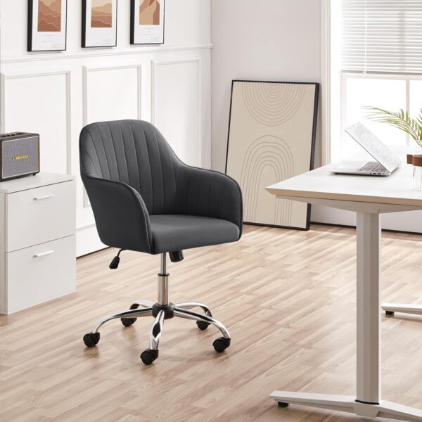 Yaheetech Modern Office Desk Chair Vanity Chair Comfy Upholstered Swivel Rolling Computer Armchair for Makeup Room Living Room Bedroom Dark Gray - Image 2