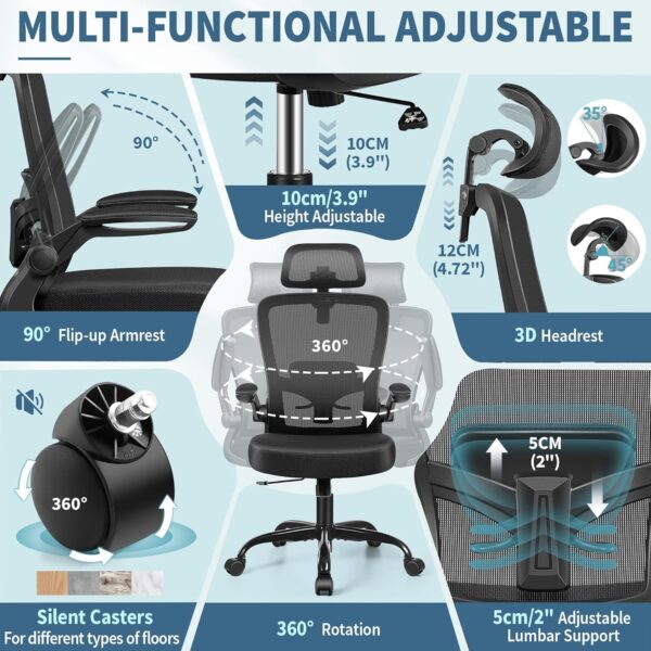 FelixKing Ergonomic Office Chair, Headrest Desk Chair with Adjustable Lumbar Support, Home Office Swivel Task Chair with High Back and Armrest, Adjustable Height Gaming Chair(Black) - Image 10