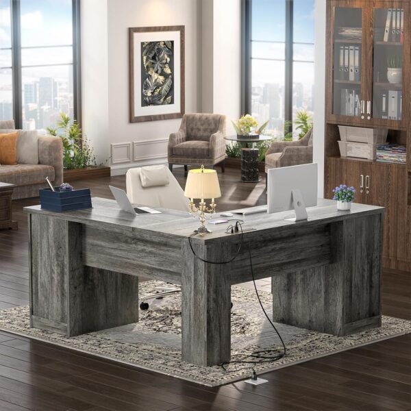 Unikito L Shaped Desk with Drawers, 60 Inch Corner Computer Desks with USB Charging Port and Power Outlet, Large 2 Person Home Office Table with File Cabinet, Black Oak - Image 6