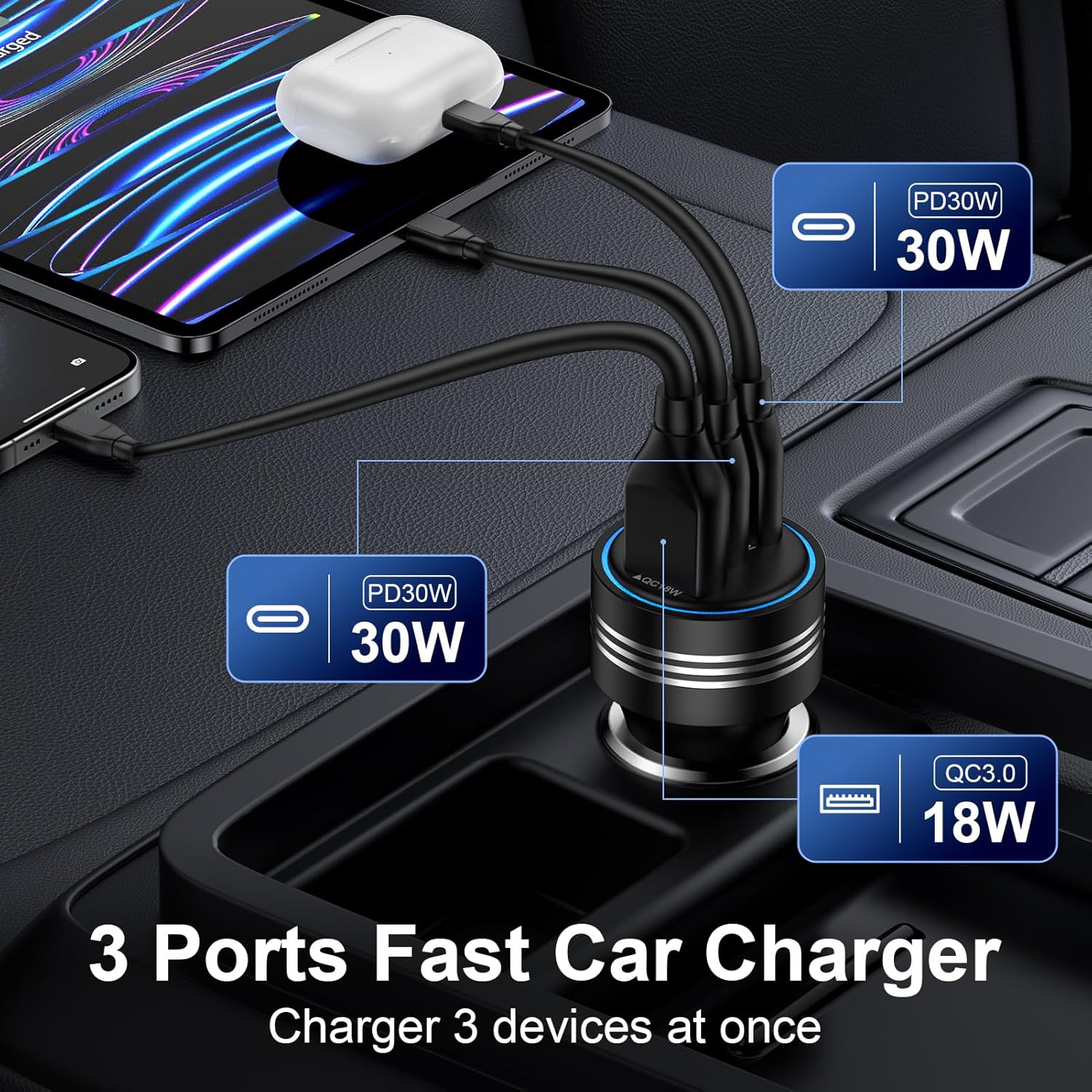 Samsung Galaxy S25 Edge Car Charger,78W 3Port Super Cigarette Lighter Adapter Fast Charging for Galaxy S25 Ultra A36 A17 A16 S24 S23 S22 S21 S20 10, USB C Car Phone Charger for iPhone 16 15 Pro Max - Image 3